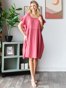 COTTON DOUBLE GAUZE Scalloped Sleeve Midi Dress