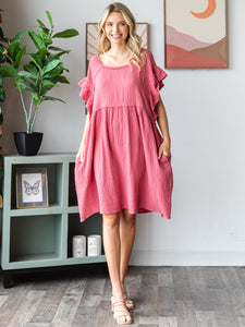 COTTON DOUBLE GAUZE Scalloped Sleeve Midi Dress