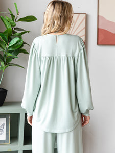 FRENCH TERRY Long Sleeve Drawstring Shirring Top