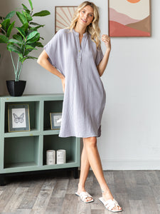 COTTON DOUBLE GAUZE Half Placket Midi Dress