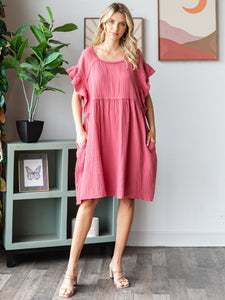 COTTON DOUBLE GAUZE Scalloped Sleeve Midi Dress