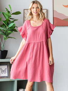 COTTON DOUBLE GAUZE Scalloped Sleeve Midi Dress