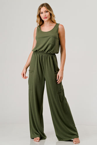 French Terry Relaxed Fit Sleeveless Elastic Waist Side Patch Pocket Jumpsuit