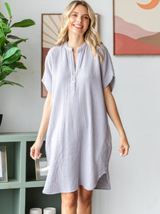 COTTON DOUBLE GAUZE Half Placket Midi Dress