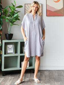 COTTON DOUBLE GAUZE Half Placket Midi Dress