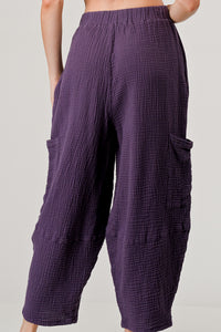 Cotton Double Gauze Relaxed Fit Elastic Waistband Cargo Pocket Harem Pants