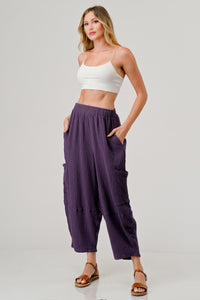 Cotton Double Gauze Relaxed Fit Elastic Waistband Cargo Pocket Harem Pants