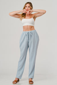 Cotton Double Gauze Relaxed Fit Elastic Waist Drawstring Tapered Pants