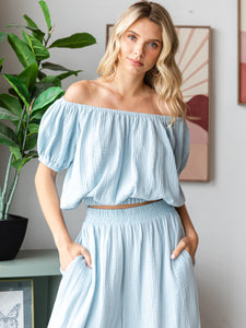 COTTON DOUBLE GAUZE Off Shoulder Short Sleeve Crop Top