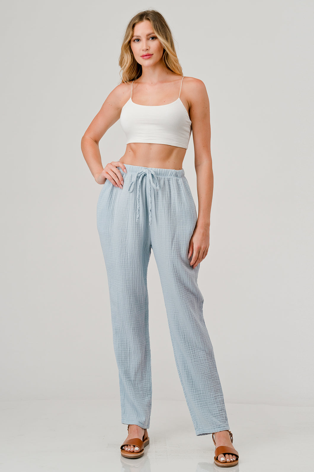 Cotton Double Gauze Relaxed Fit Elastic Waist Drawstring Tapered Pants