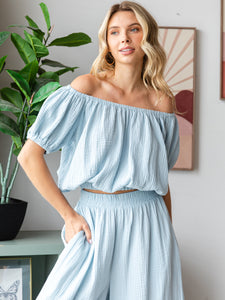 COTTON DOUBLE GAUZE Off Shoulder Short Sleeve Crop Top