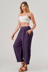 Cotton Double Gauze Relaxed Fit Elastic Waistband Cargo Pocket Harem Pants