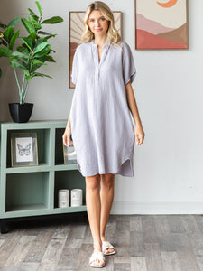 COTTON DOUBLE GAUZE Half Placket Midi Dress