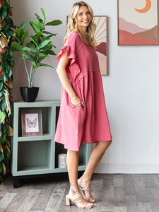 COTTON DOUBLE GAUZE Scalloped Sleeve Midi Dress