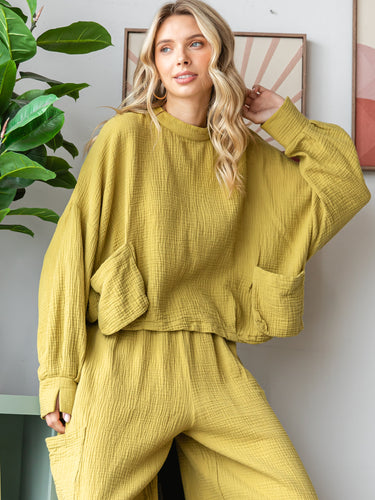 COTTON DOUBLE GAUZE Drop Shoulder Long Sleeve Top