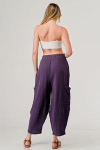 Cotton Double Gauze Relaxed Fit Elastic Waistband Cargo Pocket Harem Pants