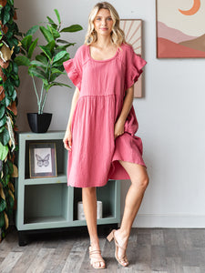 COTTON DOUBLE GAUZE Scalloped Sleeve Midi Dress