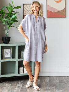 COTTON DOUBLE GAUZE Half Placket Midi Dress