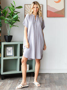 COTTON DOUBLE GAUZE Half Placket Midi Dress