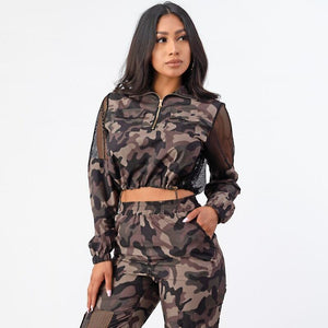 Camouflage Half Zip Up Jacket Wiith Fish Net Large