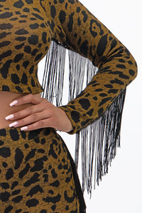 2Tone Hacci Animal Print Long Sleeve Top With Fringe Medium