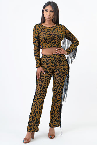 2Tone Hacci Animal Print Flare Pants With Fringe X-Large