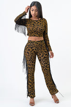 Load image into Gallery viewer, 2Tone Hacci Animal Print Long Sleeve Top With Fringe Large