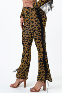 2Tone Hacci Animal Print Flare Pants With Fringe X-Large