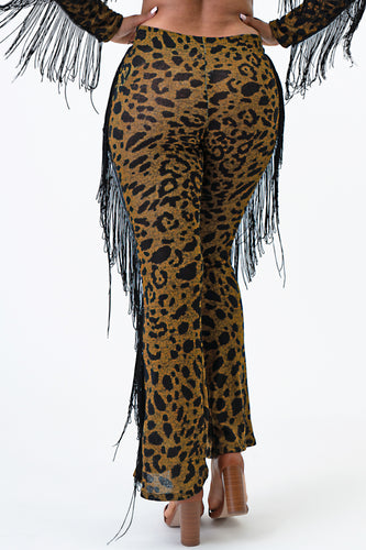 2Tone Hacci Animal Print Flare Pants With Fringe Large