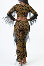 Load image into Gallery viewer, 2Tone Hacci Animal Print Flare Pants With Fringe Large