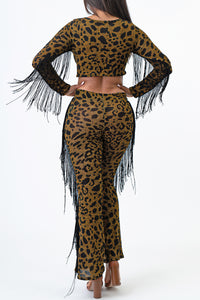 2Tone Hacci Animal Print Flare Pants With Fringe Large