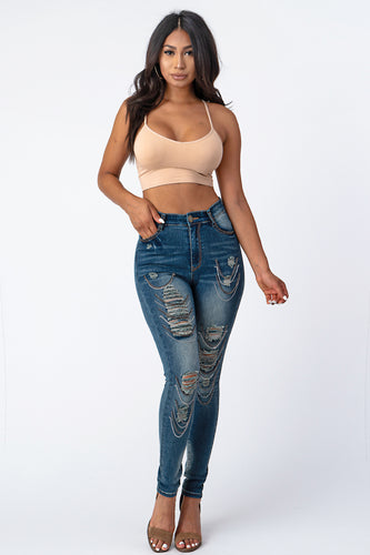 Destroyed Pants With Chain Front Md Denim Small Size.