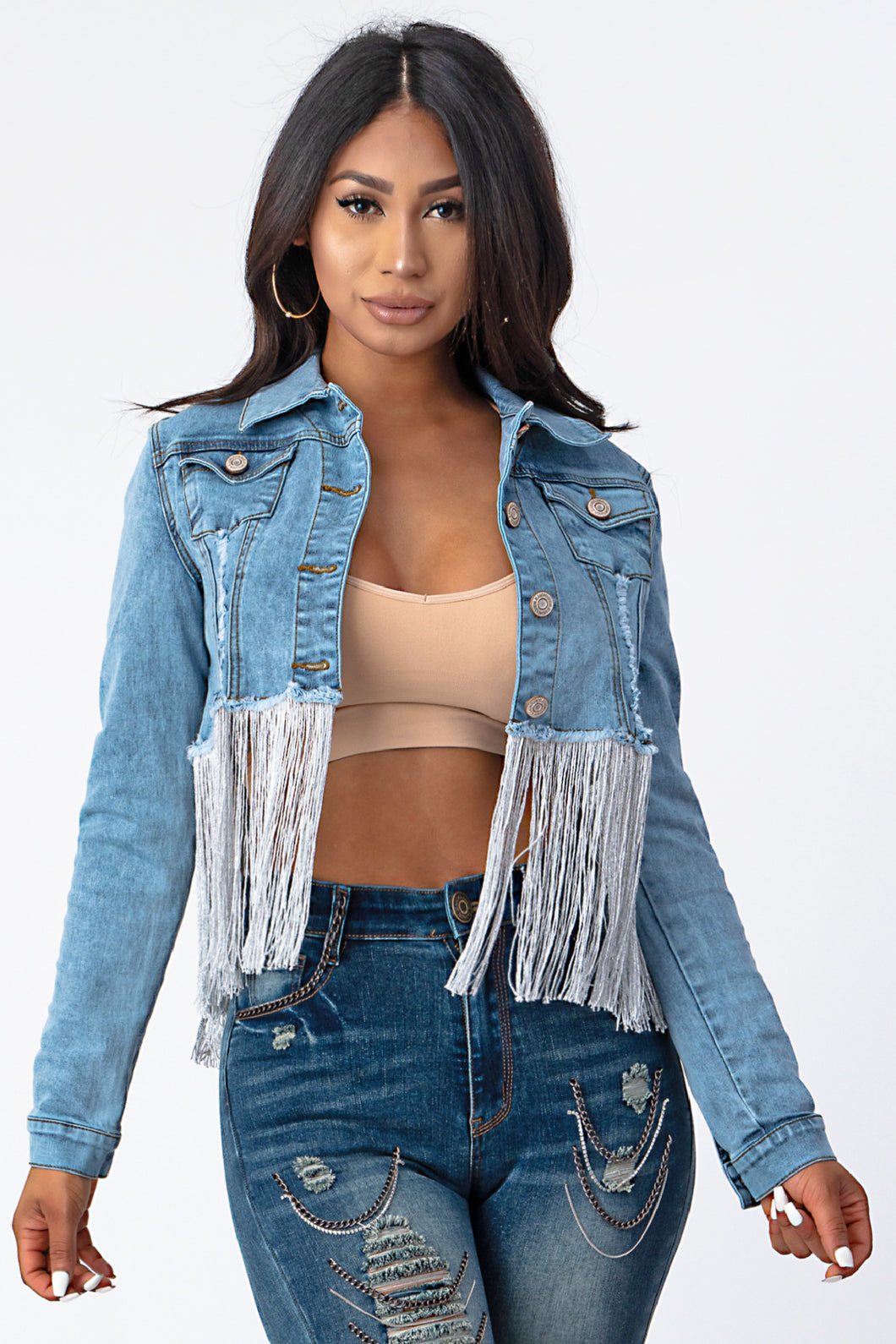 Crop Denim Jacket With Silver Tassel Medium Denim Small Size .