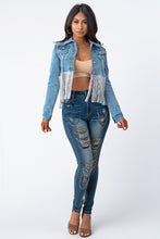 Load image into Gallery viewer, Crop Denim Jacket With Silver Tassel Medium Denim X- Large Size.