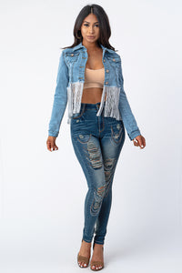 Crop Denim Jacket With Silver Tassel Medium Denim Small Size .