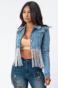 Crop Denim Jacket With Silver Tassel Medium Denim Small Size .