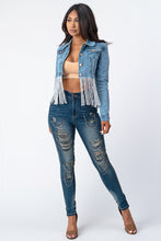 Load image into Gallery viewer, Crop Denim Jacket With Silver Tassel Medium Denim Small Size .