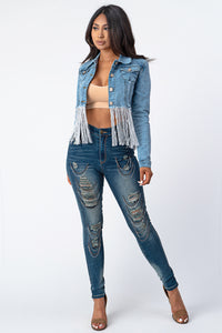 Crop Denim Jacket With Silver Tassel Medium Denim Small Size .