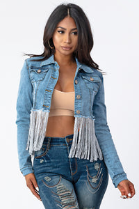 Crop Denim Jacket With Silver Tassel Medium Denim Small Size .