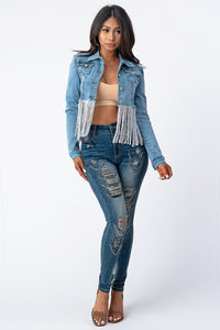 Crop Denim Jacket With Silver Tassel Medium Denim Small Size .