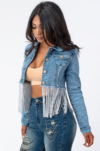 Crop Denim Jacket With Silver Tassel Medium Denim Small Size .