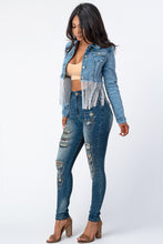 Load image into Gallery viewer, Crop Denim Jacket With Silver Tassel Medium Denim Small Size .