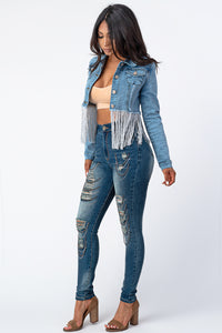 Crop Denim Jacket With Silver Tassel Medium Denim Small Size .