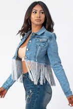 Load image into Gallery viewer, Crop Denim Jacket With Silver Tassel Medium Denim Small Size .