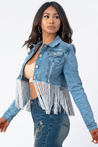 Crop Denim Jacket With Silver Tassel Medium Denim Small Size .