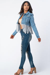 Crop Denim Jacket With Silver Tassel Medium Denim Small Size .