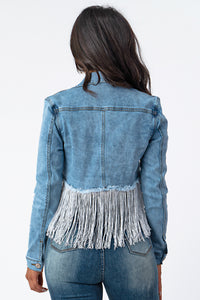 Crop Denim Jacket With Silver Tassel Medium Denim Small Size .