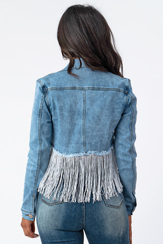 Crop Denim Jacket With Silver Tassel Medium Denim X- Large Size.