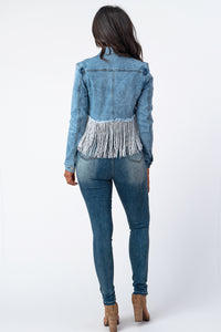 Crop Denim Jacket With Silver Tassel Medium Denim Small Size .