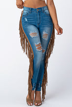 Load image into Gallery viewer, Destroyed Pants With Leather Taseel Medium Denim Jeans Medium Size.